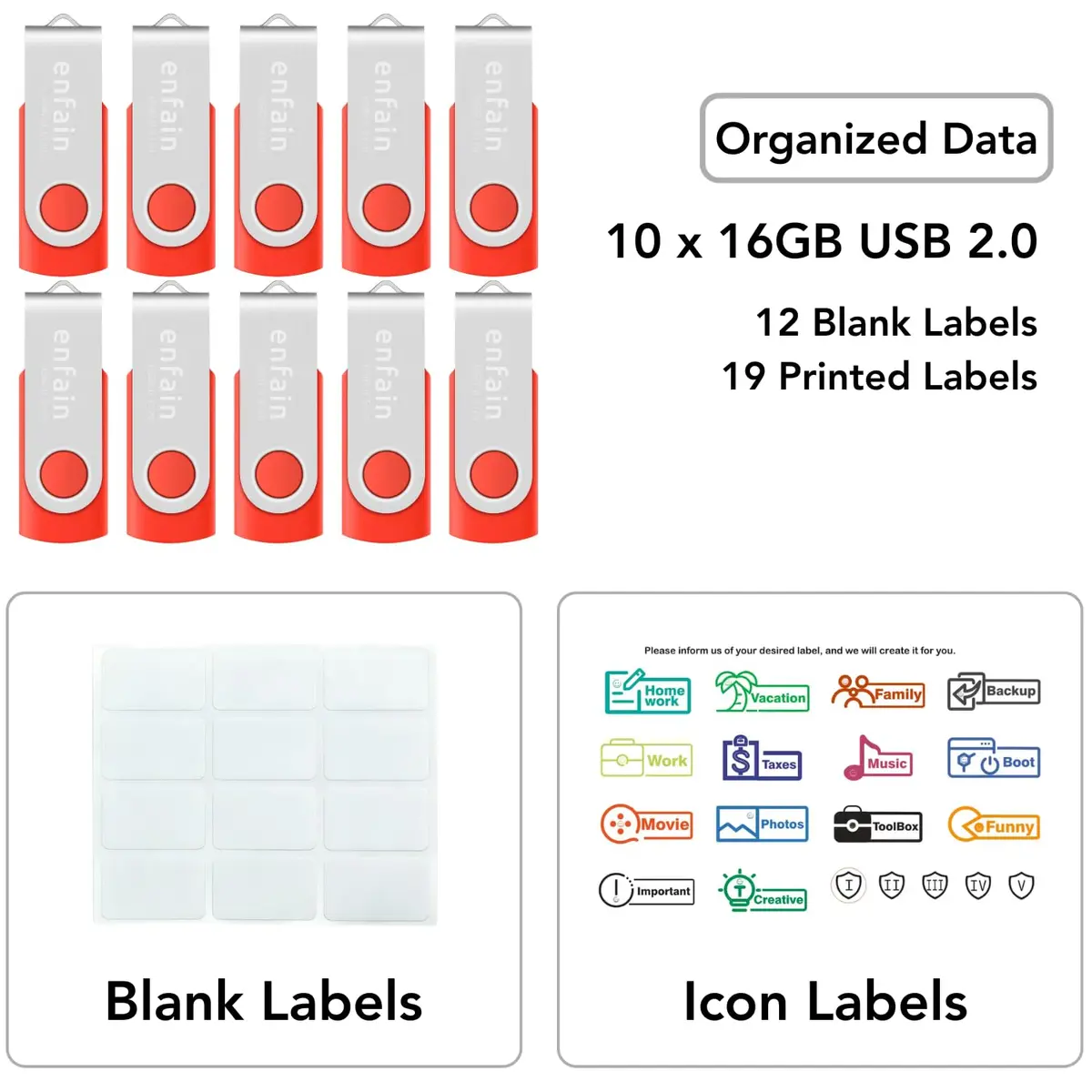 Enfain 16GB USB 2.0 Flash Drive 10-Pack Red | Swivel Cap, 160GB Total Storage | 3.2 cm (1.25 in) x 1.9 cm (0.75 in) - view 2