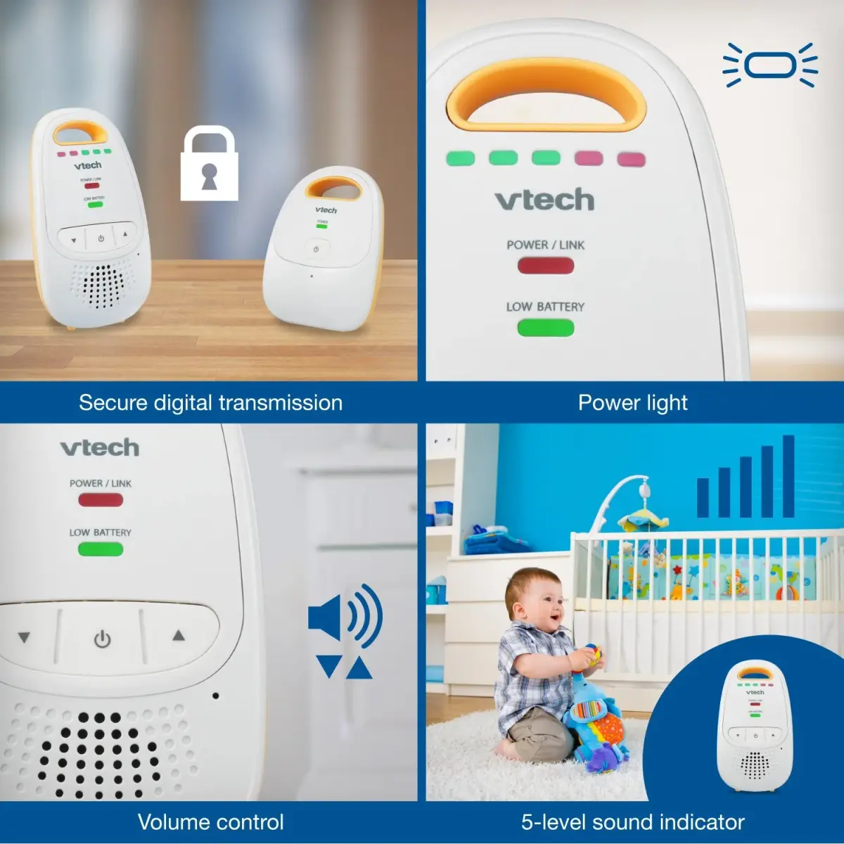 VTech Audio Baby Monitor DM111 — No Static DECT 6.0, No WiFi, Hack-Proof | 8Hr Battery, 1000ft Range, 5-Level Sound Indicator - view 5