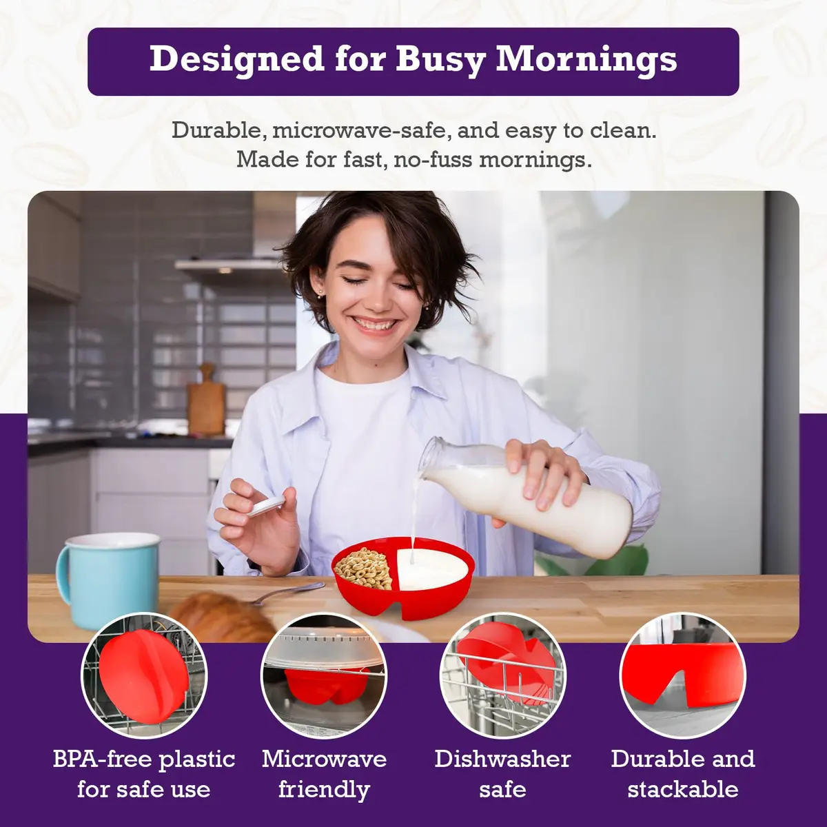 Just Solutions Crunch Anti-Soggy Cereal Bowl 7 in x 2.5 in | Keeps Cereal Fresh & Crunchy, Microwave & Dishwasher Safe - view 5