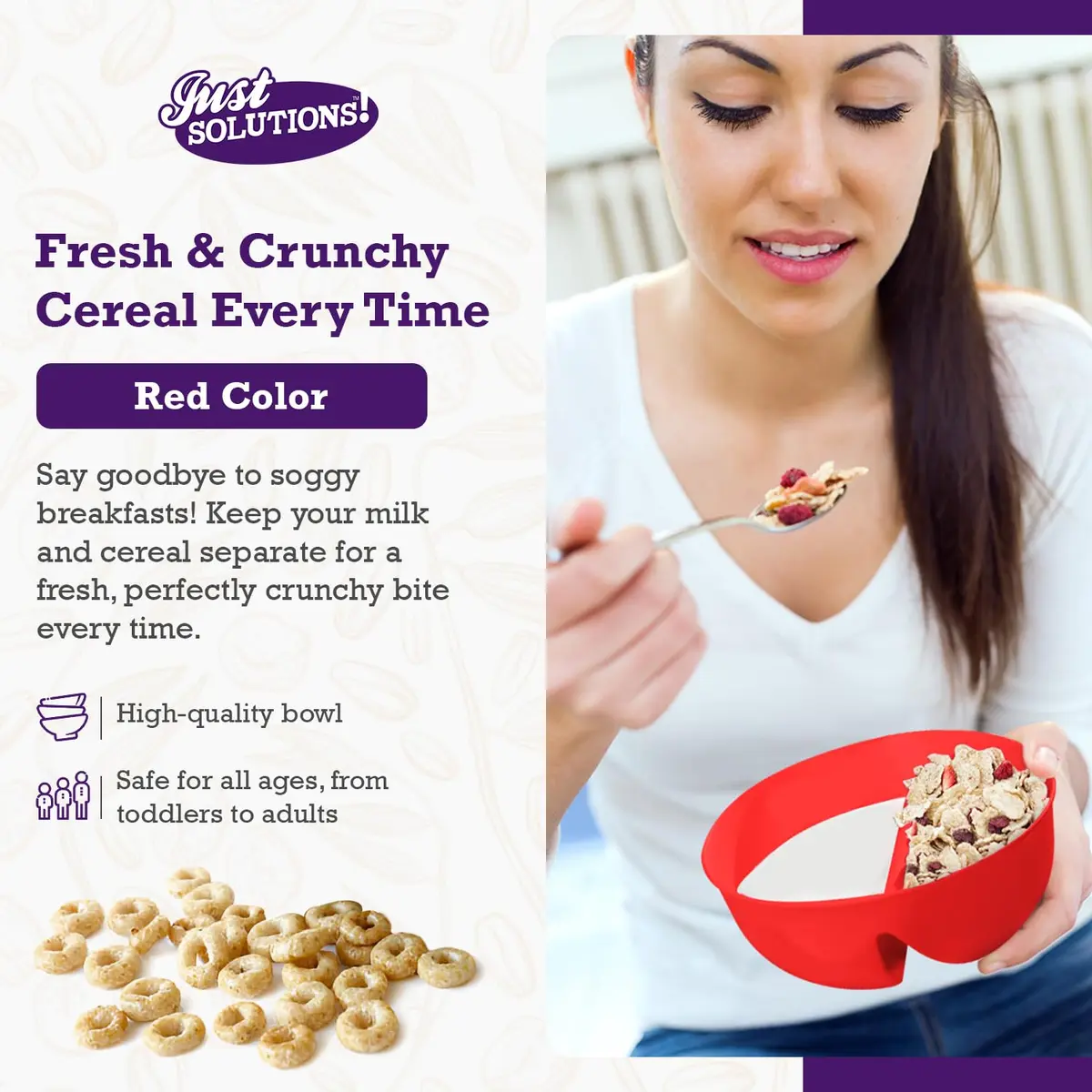 Just Solutions Crunch Anti-Soggy Cereal Bowl 7 in x 2.5 in | Keeps Cereal Fresh & Crunchy, Microwave & Dishwasher Safe - view 2