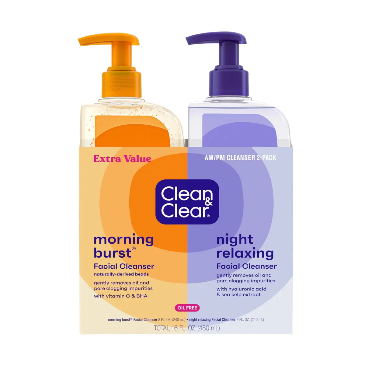 Clean & Clear Oil-Free Facial Cleansers Morning Burst & Night Relaxing 192 fl oz (16 oz 2 Count Pack of 12) | Gentle Daily Cleansing - main product image
