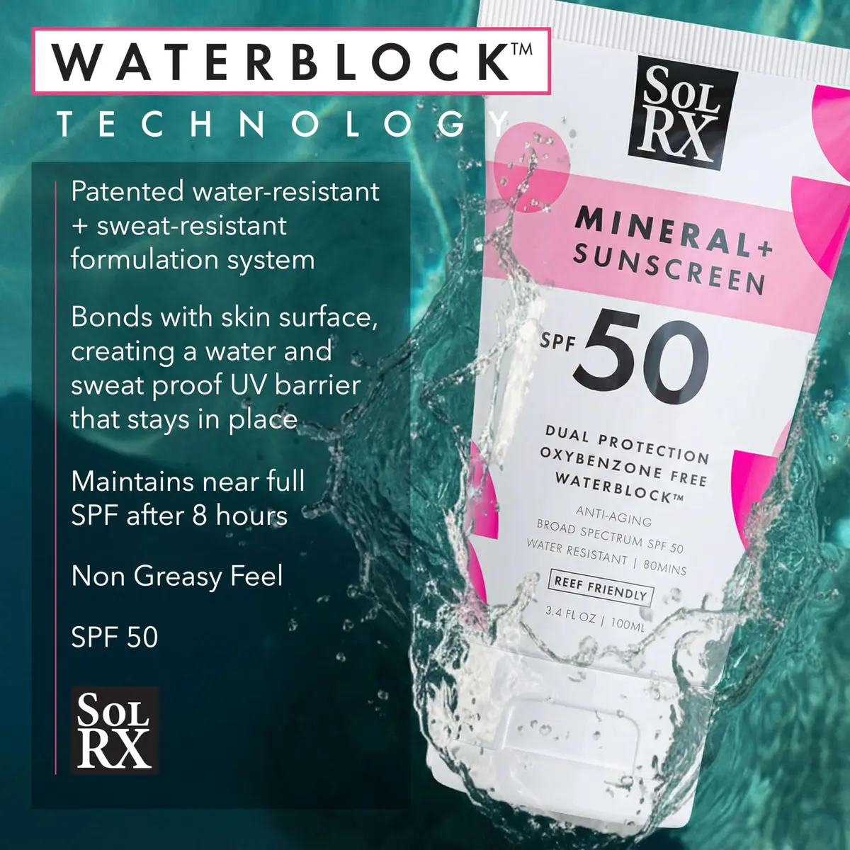 SolRX MINERAL+ SPF 50 Zinc Oxide Sunscreen 3.4 Ounce | Reef Safe, Water & Sweat Resistant, Broad Spectrum - view 3