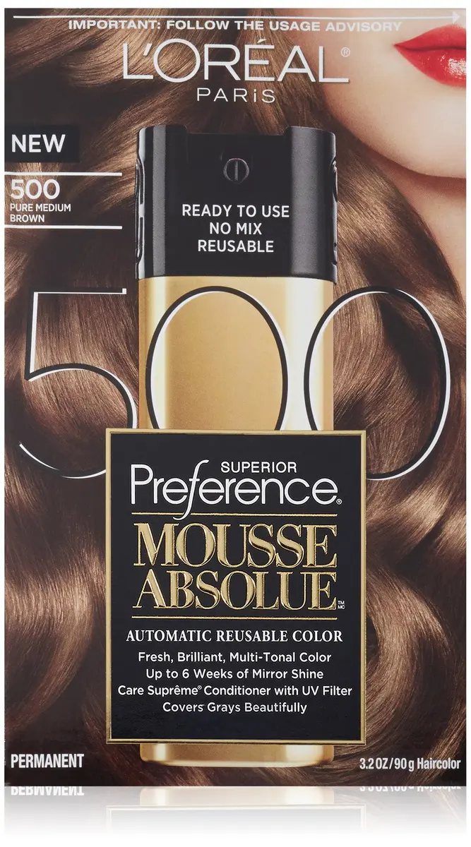 L'Oreal Paris Superior Preference Mousse Absolue 500 Pure Medium Brown | Reusable, multi-use hair color with UV care - main product image
