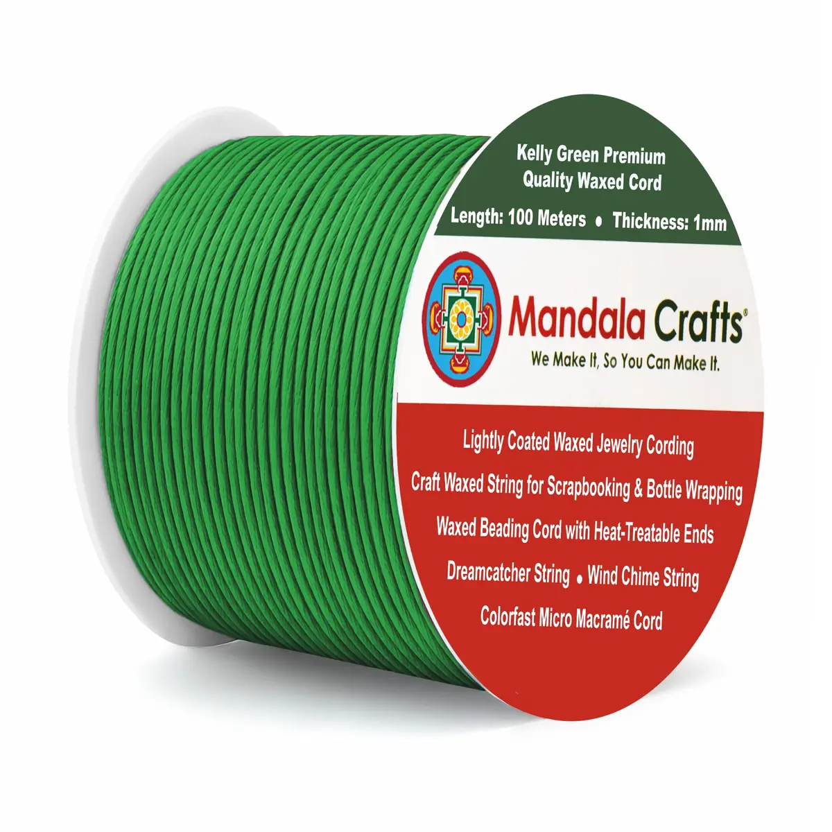 Mandala Crafts 1mm Kelly Green Cotton Waxed Cord 327 ft (109 Yards) | Fade-Resistant & Bleed-Free for Jewelry Making - main product image