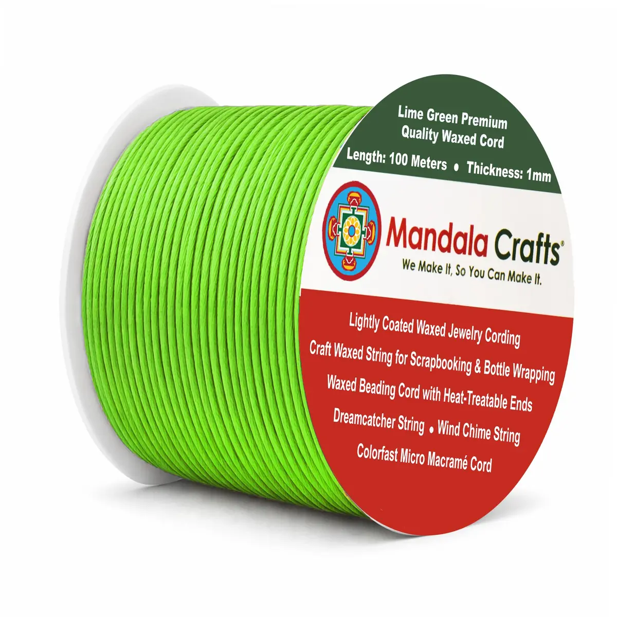 Mandala Crafts 1mm Lime Green Cotton Waxed Cord 327 ft (109 Yards) | Jewelry Making, Knotting, Accessory Assembly - main product image
