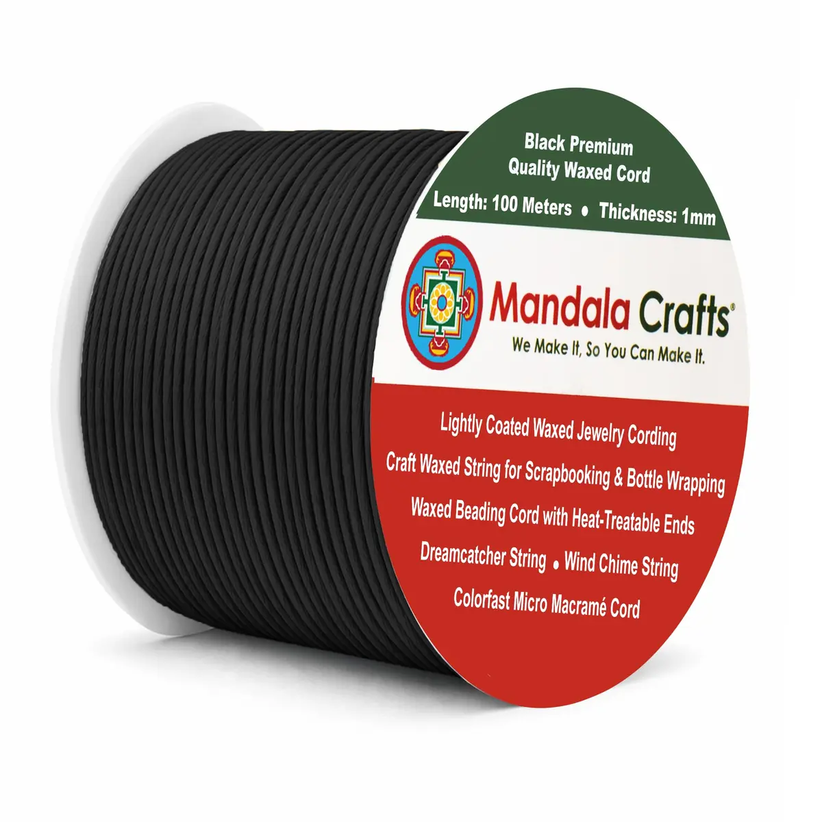Mandala Crafts 1mm Black Cotton Waxed Cord 327ft (109 Yards) | Fade-Resistant, Non-Irritating Jewelry String - main product image