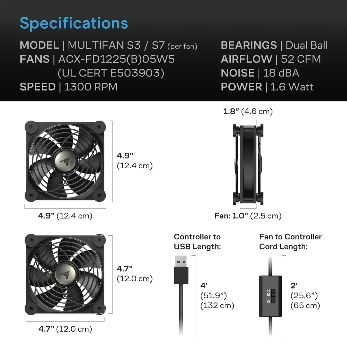 AC Infinity MULTIFAN S7 Dual 120mm USB Fan, 104 CFM, 19 dBA | UL-Certified for Electronics Cooling - view 6