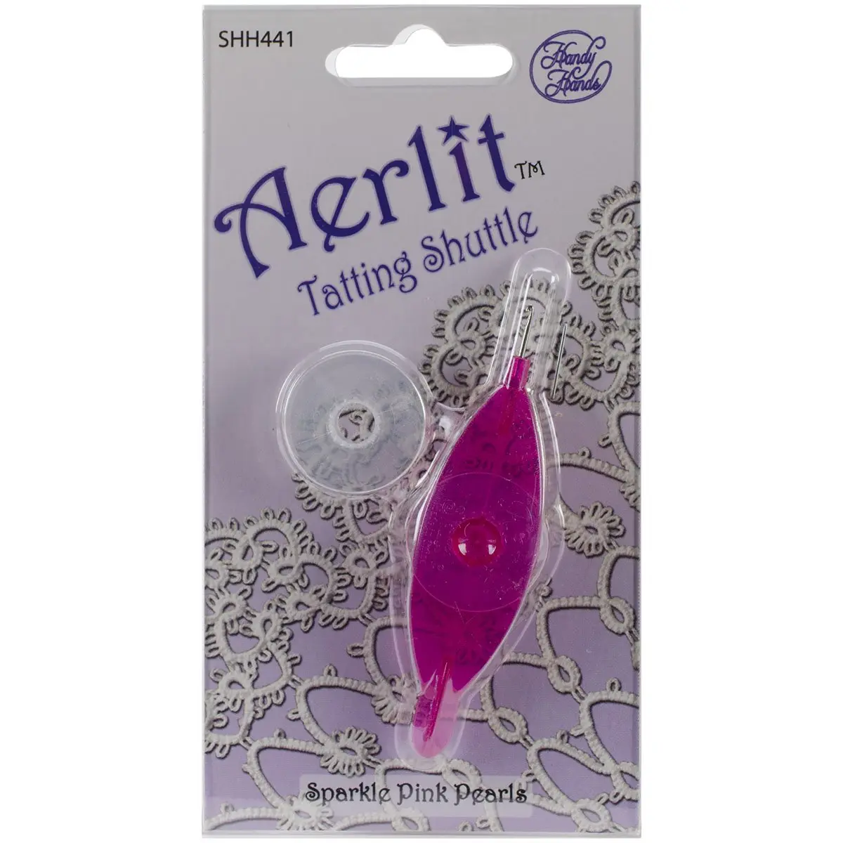 Handy Hands Aerlit Tatting Shuttle with 2 Bobbins, Sparkle Pink Pearls | 2 Bobbins Included - main product image