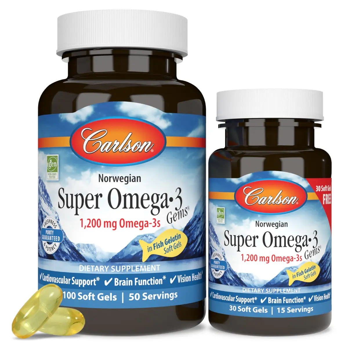 Carlson Super Omega-3 Gems 1200 mg | Pescatarian Fish Oil Softgels for Heart & Brain (100 + 30 Softgels) - main product image
