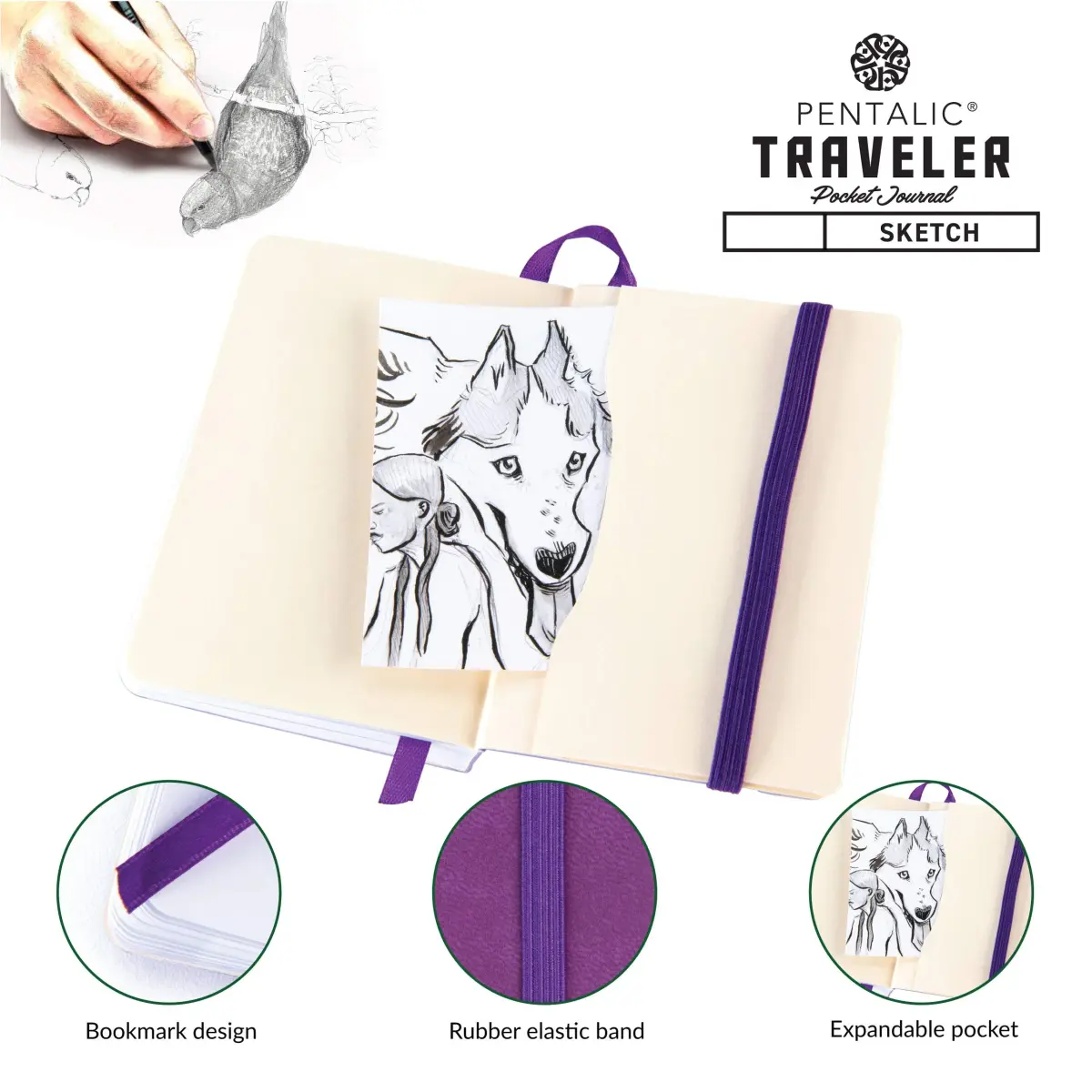 Pentalic 3" x 4" Pocket Sketchbook Traveler Journal, 160 Pages, Purple | Acid-Free Recycled Paper - view 4
