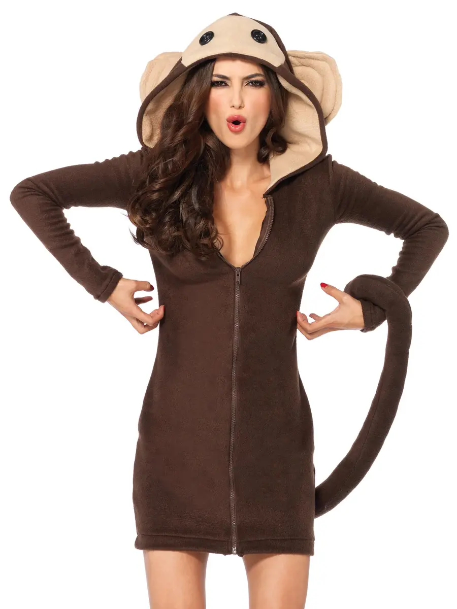Leg Avenue Cozy Monkey Hooded Fleece Dress with Tail | Cute Halloween Costume for Women, Brown, Large - main product image