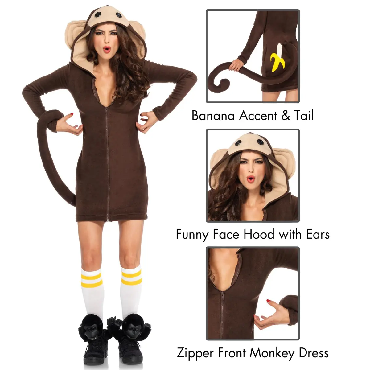 Leg Avenue Cozy Monkey Hooded Fleece Dress with Tail | Cute Halloween Costume for Women, Brown, Large - view 2
