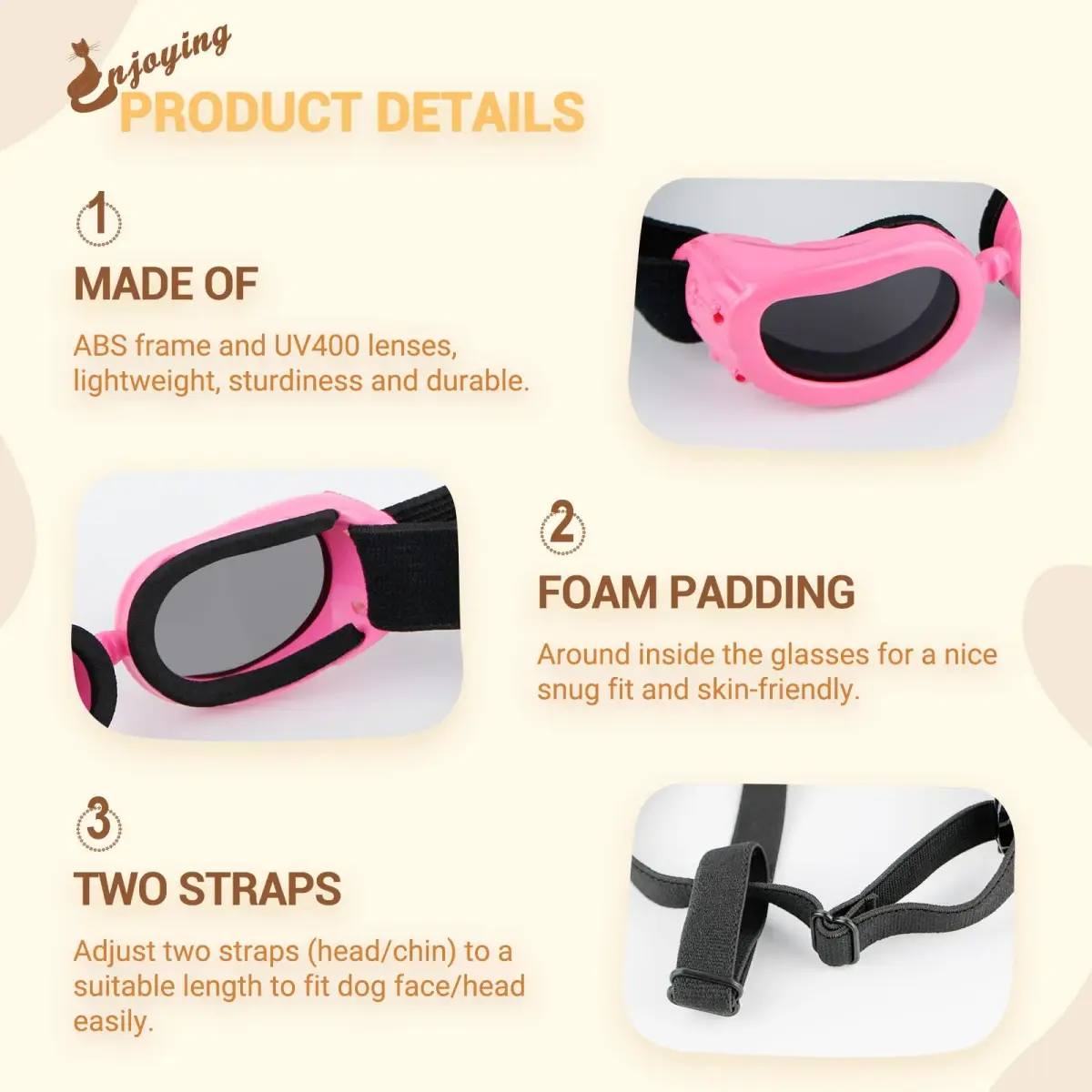 Enjoying Classic Pink Small Breed Dog Goggles - UV Protection, Windproof & Adjustable - view 4