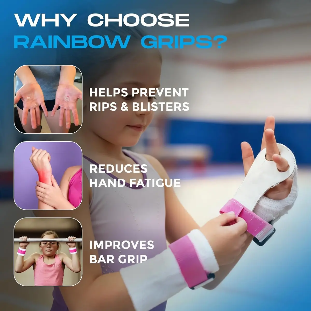 Gibson Athletic Rainbow Gymnastics Grips for Beginners, Medium, 2-Pack | Leather Hand Protection with Hook & Loop Closure - view 5