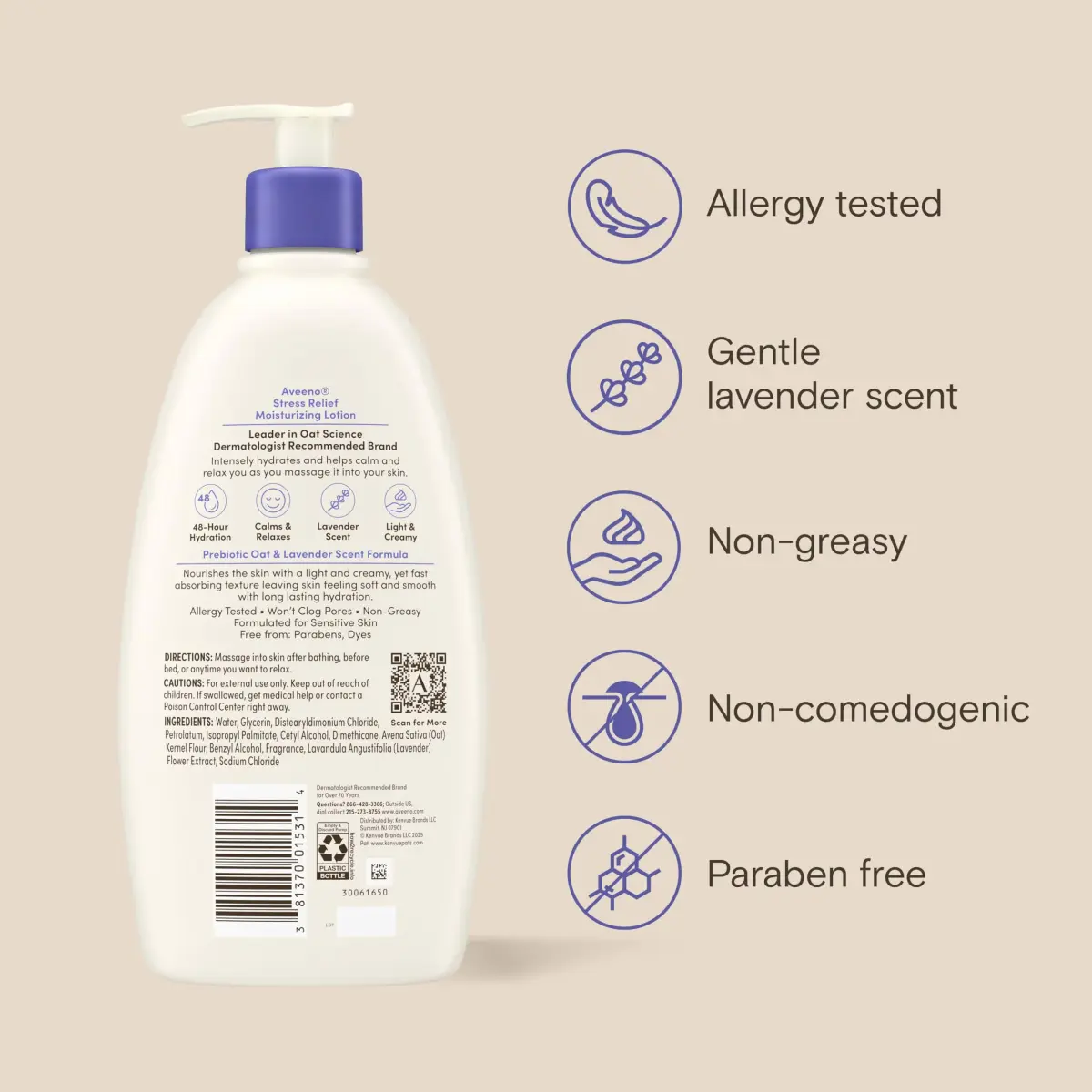 Aveeno Stress Relief Moisturizing Body Lotion, Lavender Scent with Prebiotic Oat, 532ml (18 Fl Oz Pack of 3) | 48-Hour Hydration for Sensitive Skin - view 9