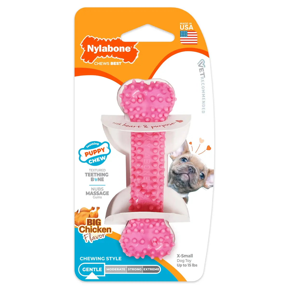 Nylabone Puppy Chew Pink Textured Teething Dog Bone, X-Small | Gentle Teething Relief for Puppies - main product image