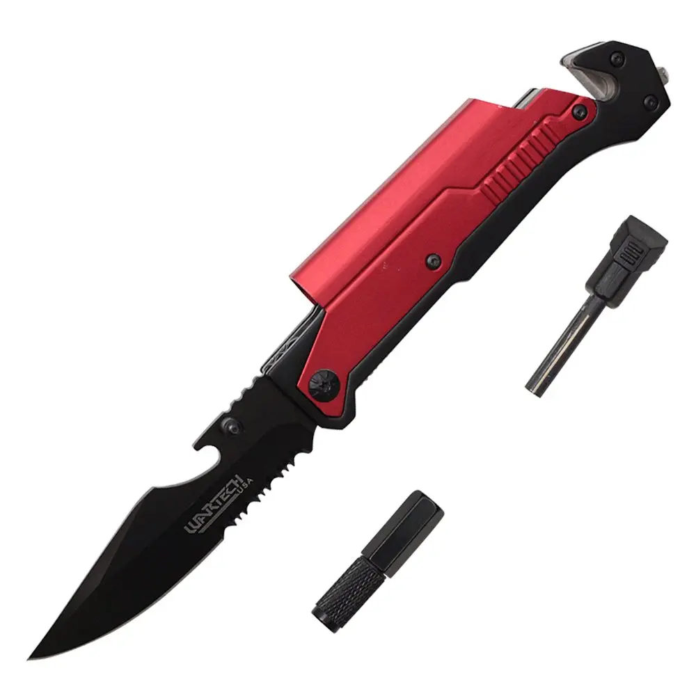 Wartech YC-S-9045-RD Spring Assisted 8.5" Folding Knife | Multi-Purpose Outdoor Tool with LED & Fire Starter - view 2
