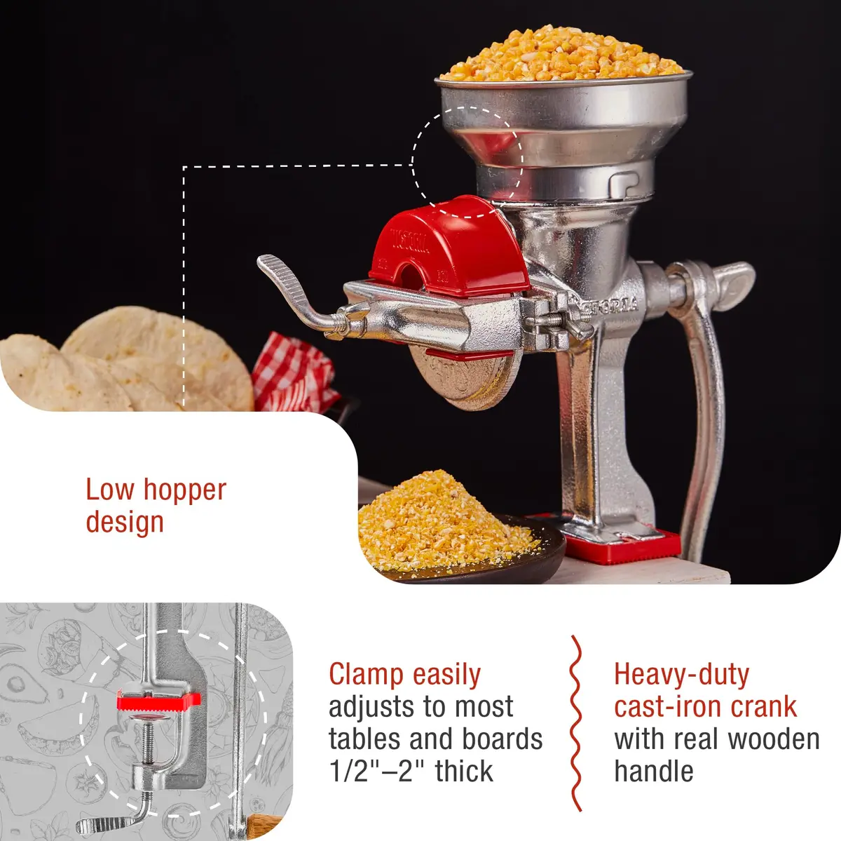 Victoria Manual Cast Iron Grain Mill 1200g with Low Hopper | Durable Hand-Crank Food Grinder - view 8