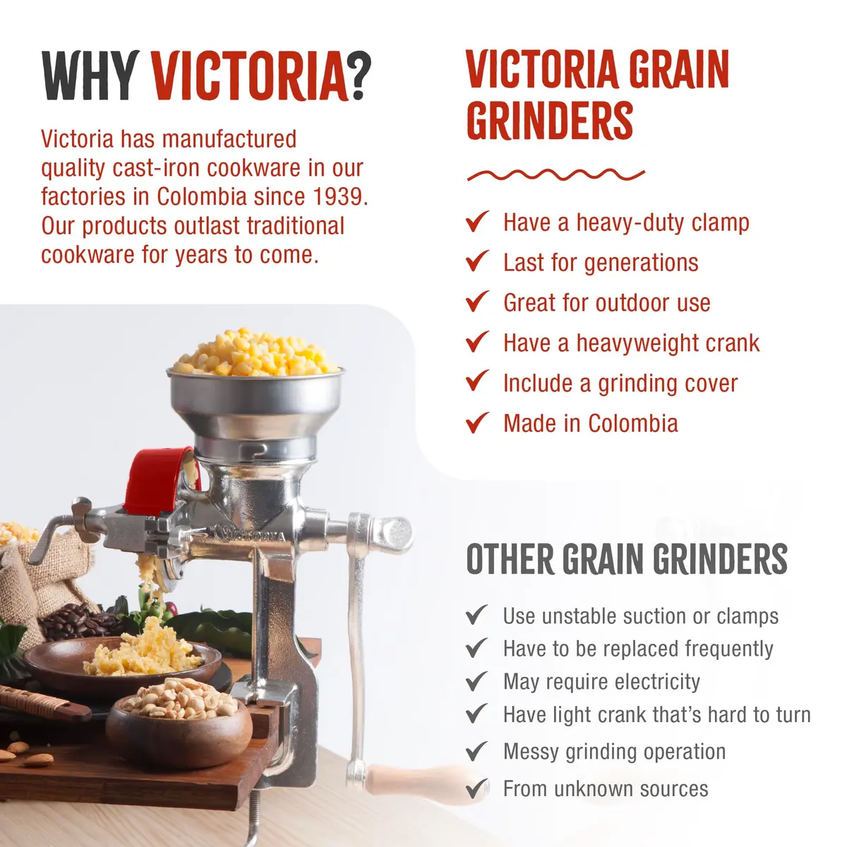 Victoria Manual Cast Iron Grain Mill 1200g with Low Hopper | Durable Hand-Crank Food Grinder - view 9