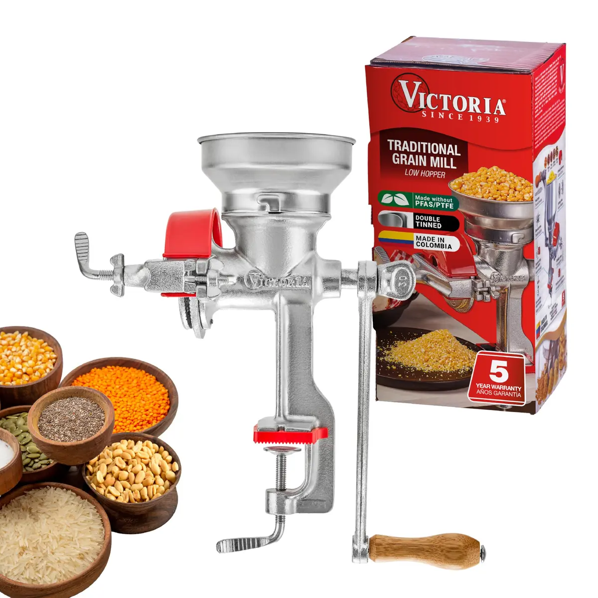 Victoria Manual Cast Iron Grain Mill 1200g with Low Hopper | Durable Hand-Crank Food Grinder - main product image