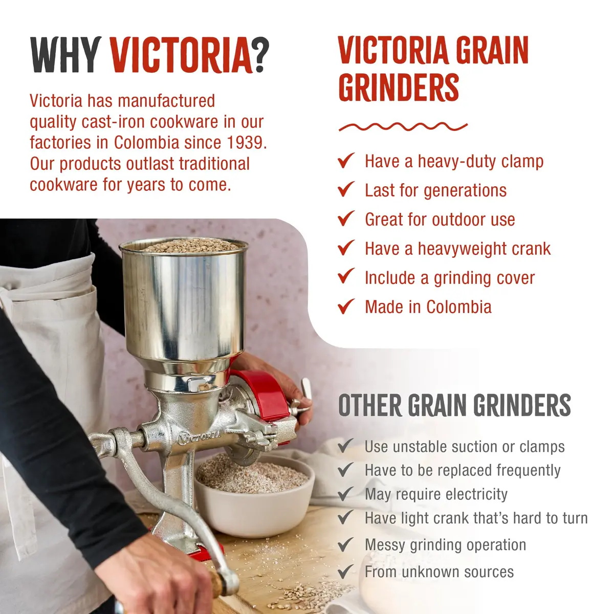 Victoria Manual Cast Iron Grain Mill 2400g with High Hopper | Durable Hand Grinder for Wheat & Spices - view 8