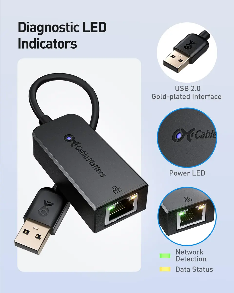 Cable Matters 2-Pack USB 2.0 to Ethernet Adapter | Plug & Play, 100 Mbps, Compact, Compatible with Windows, macOS, Linux - view 5