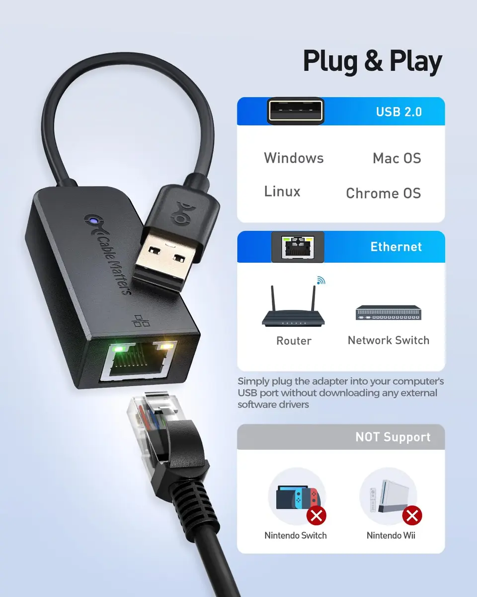 Cable Matters 2-Pack USB 2.0 to Ethernet Adapter | Plug & Play, 100 Mbps, Compact, Compatible with Windows, macOS, Linux - view 4