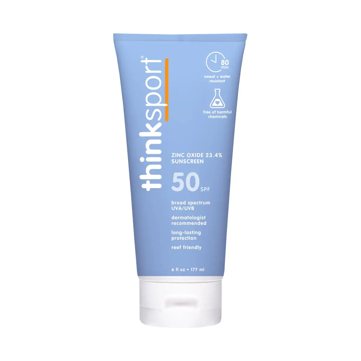 Thinksport Mineral Sunscreen SPF 50+ Zinc Oxide, Water Resistant, 170ml (6 Fl Oz) | Broad Spectrum UVA/UVB Protection - main product image