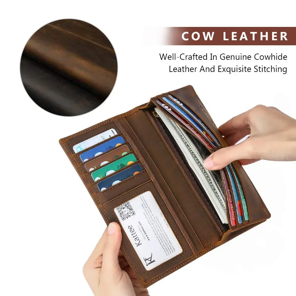 Kattee Men's Vintage Genuine Leather Long Wallet for Checkbook Credit Cards | Brown Bi-Fold (18.5cm x 9cm) - view 5
