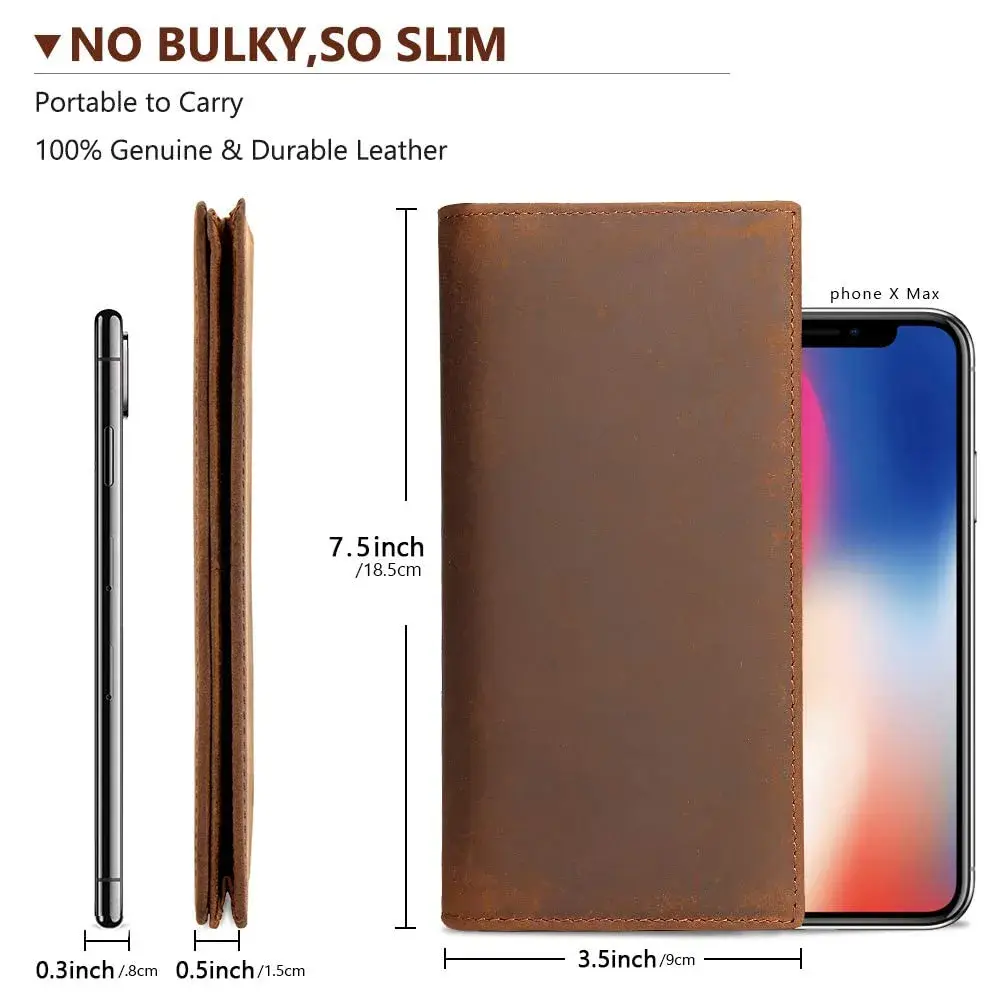 Kattee Men's Vintage Genuine Leather Long Wallet for Checkbook Credit Cards | Brown Bi-Fold (18.5cm x 9cm) - view 6