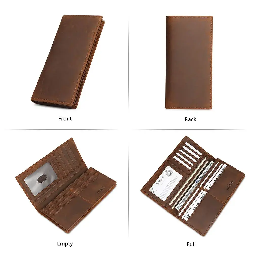 Kattee Men's Vintage Genuine Leather Long Wallet for Checkbook Credit Cards | Brown Bi-Fold (18.5cm x 9cm) - view 7