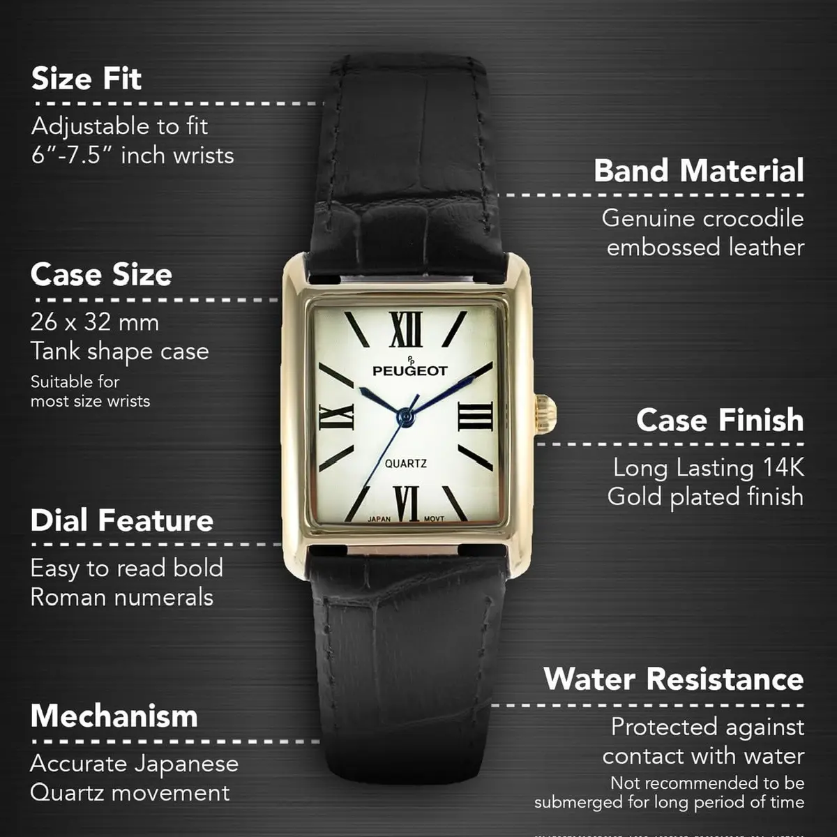 Peugeot Women's Tank Leather Dress Watch Roman Numeral Dial Blue Hands | Classic Elegant Design - view 2
