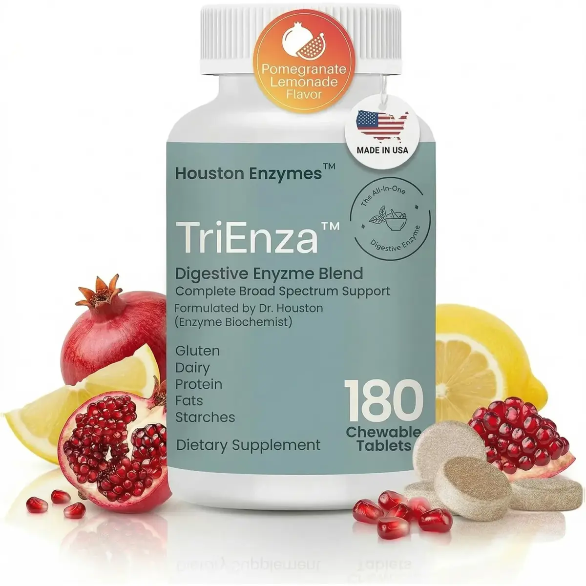 Houston Enzymes TriEnza Digestive Enzyme Supplement Chewable Tablets 180 Count | Supports Gluten, Casein, Soy Digestion - main product image