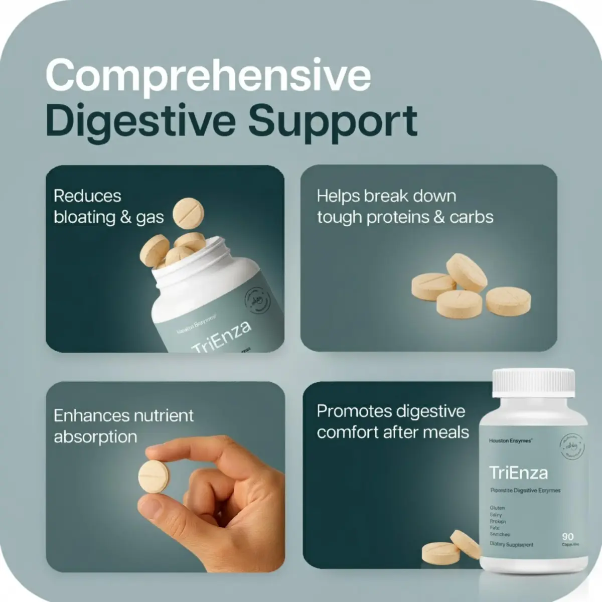 Houston Enzymes TriEnza Digestive Enzyme Supplement Chewable Tablets 180 Count | Supports Gluten, Casein, Soy Digestion - view 6