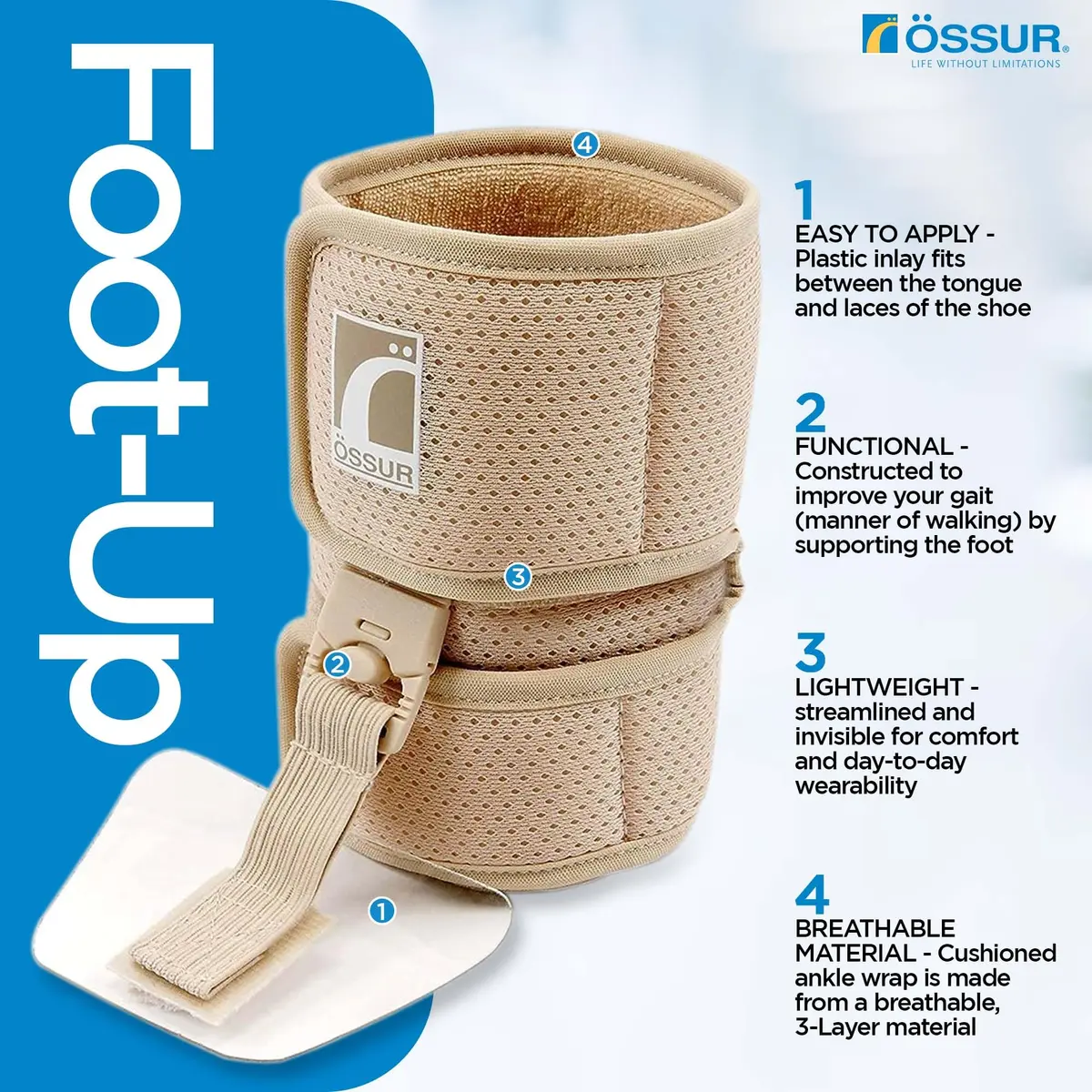 Ossur Foot-up Drop Foot Brace - Ankle Support Comfort Adjustable Wrap (Beige, Medium) | Lightweight, Discreet Support for Drop Foot - view 2