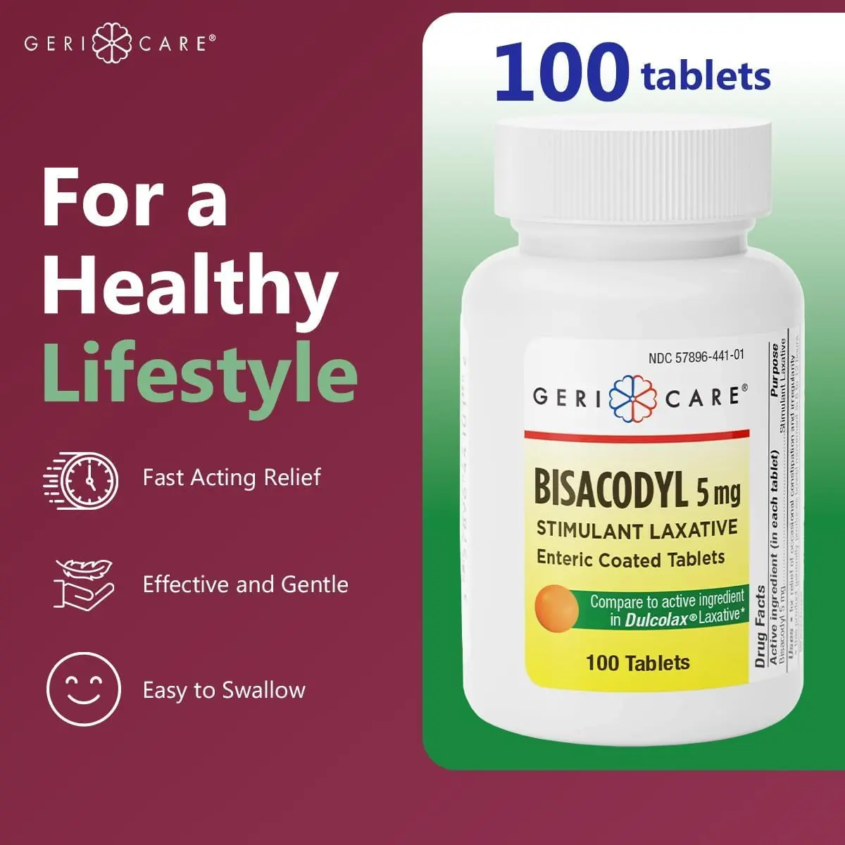 GeriCare Bisacodyl 5 mg Coated Tablets | Gentle Overnight Constipation Relief (100 Count) - view 2