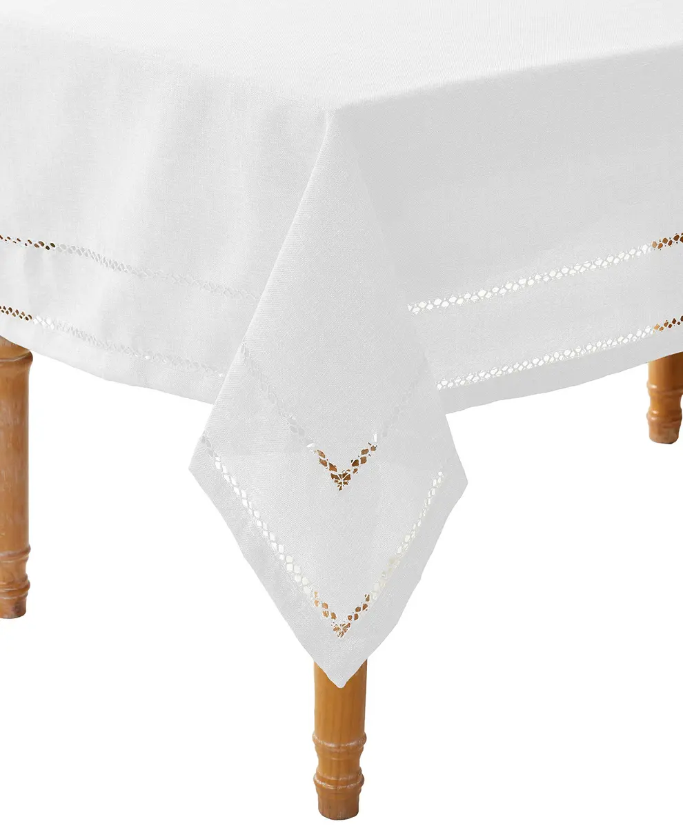 Violet Linen Hem Stitch Embroidered Vintage Design Tablecloth White 68" x 108" | Elegant Dining Decor - main product image