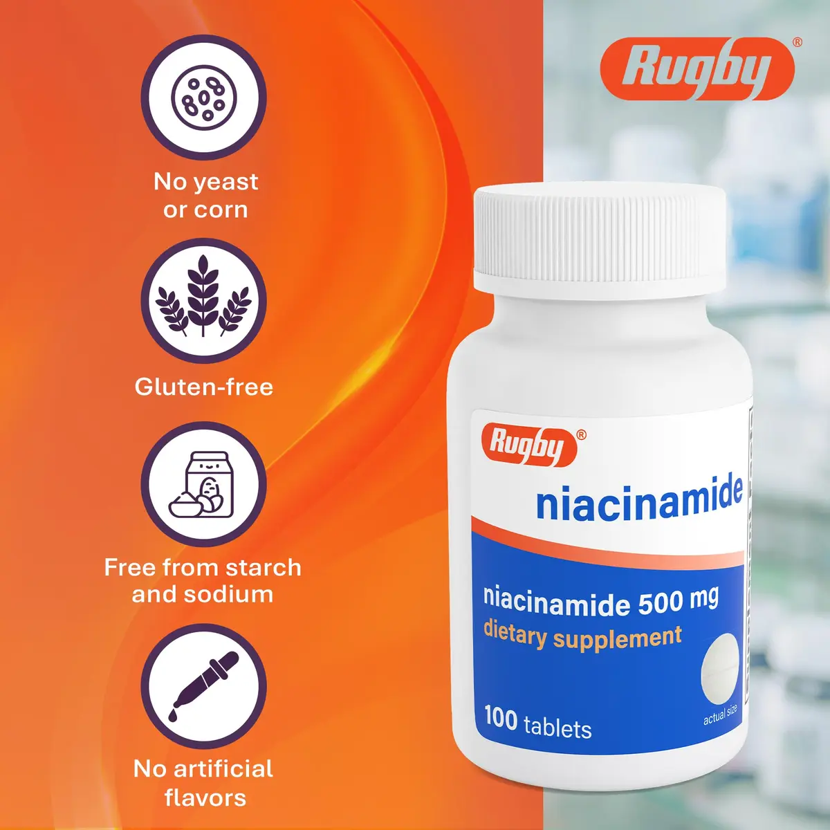 Rugby Niacinamide 500 mg Tablets | No Artificial Flavors, 100 Count (3-Pack) - view 6