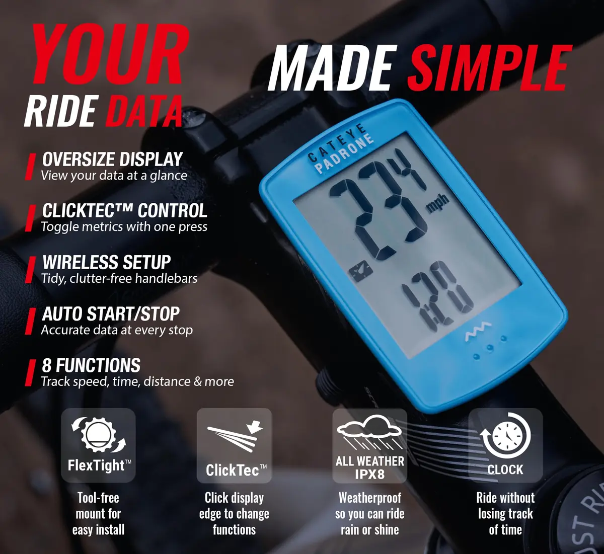 CATEYE Padrone Wireless Bike Computer (Blue) | Large Display, Easy Navigation, 1-Year Battery - view 3