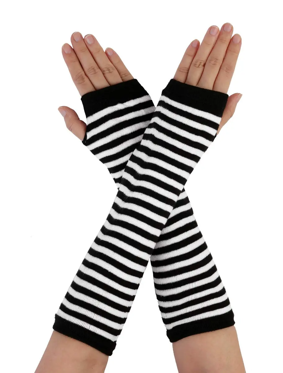 uxcell Arm Warmers Pair in Black & White Stripes | Elbow Length, Fingerless, Knitted Style for Women - main product image