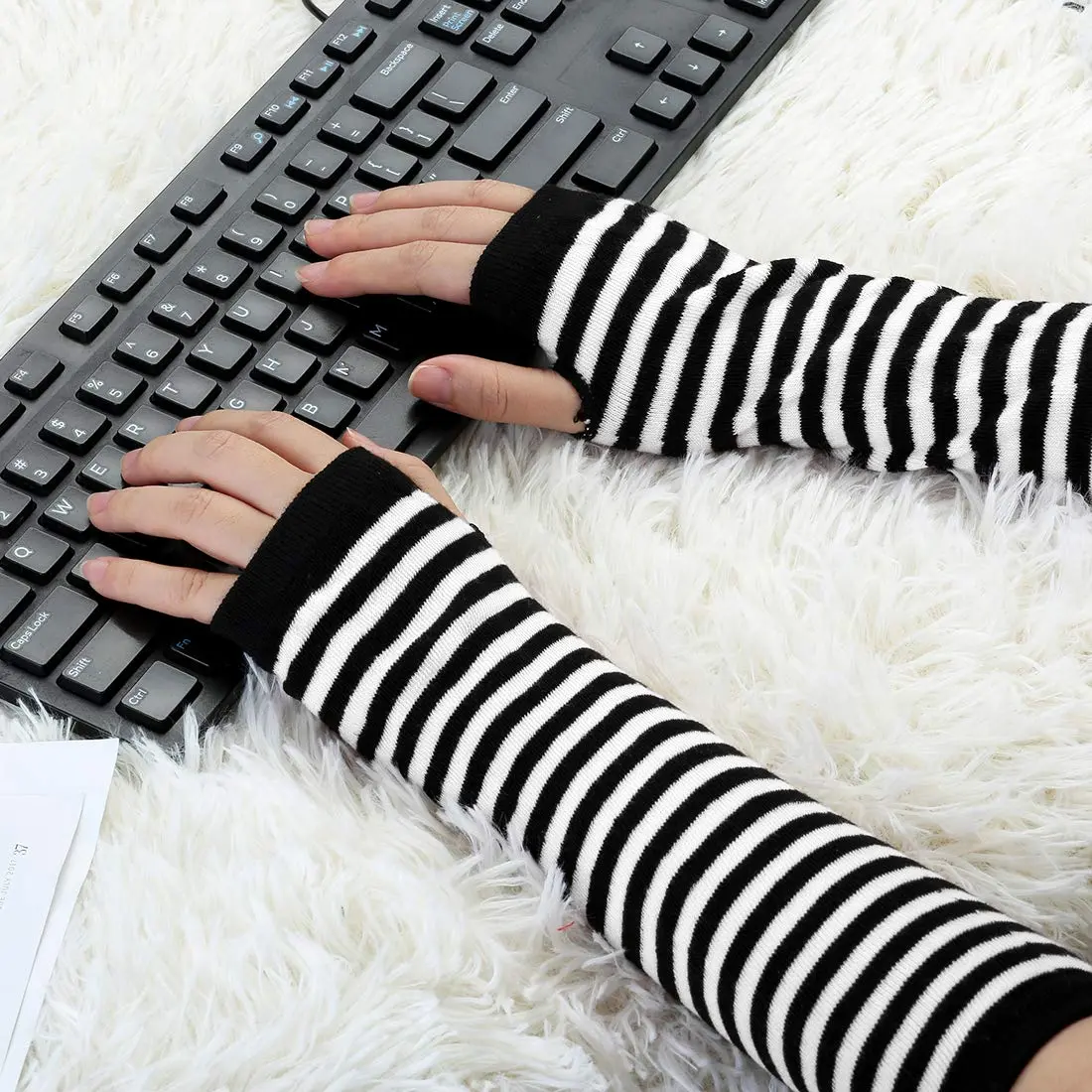 uxcell Arm Warmers Pair in Black & White Stripes | Elbow Length, Fingerless, Knitted Style for Women - view 5
