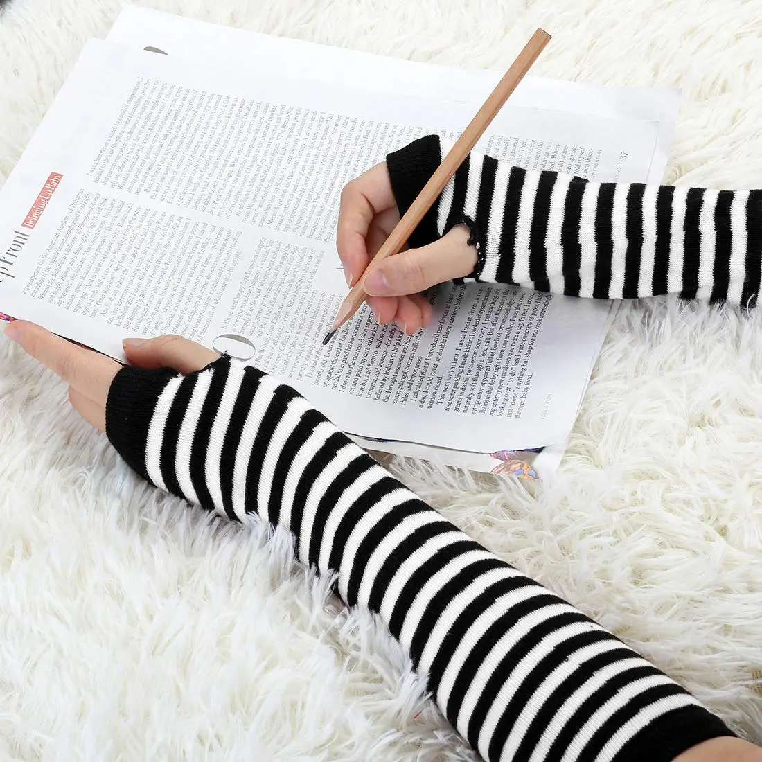uxcell Arm Warmers Pair in Black & White Stripes | Elbow Length, Fingerless, Knitted Style for Women - view 6