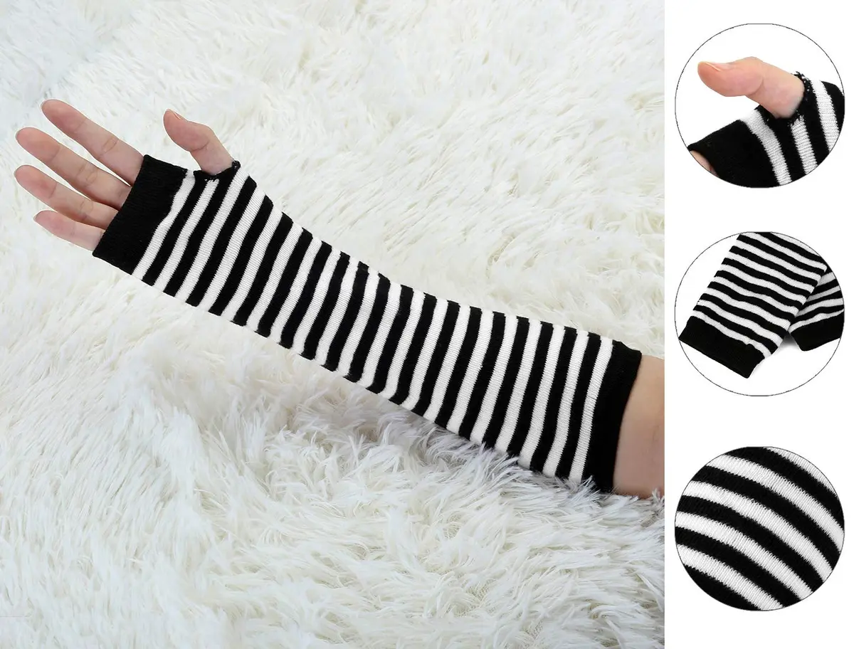 uxcell Arm Warmers Pair in Black & White Stripes | Elbow Length, Fingerless, Knitted Style for Women - view 2