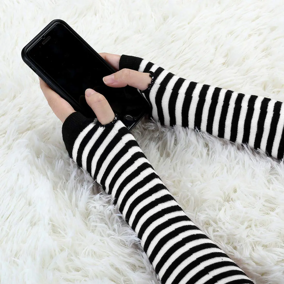 uxcell Arm Warmers Pair in Black & White Stripes | Elbow Length, Fingerless, Knitted Style for Women - view 4