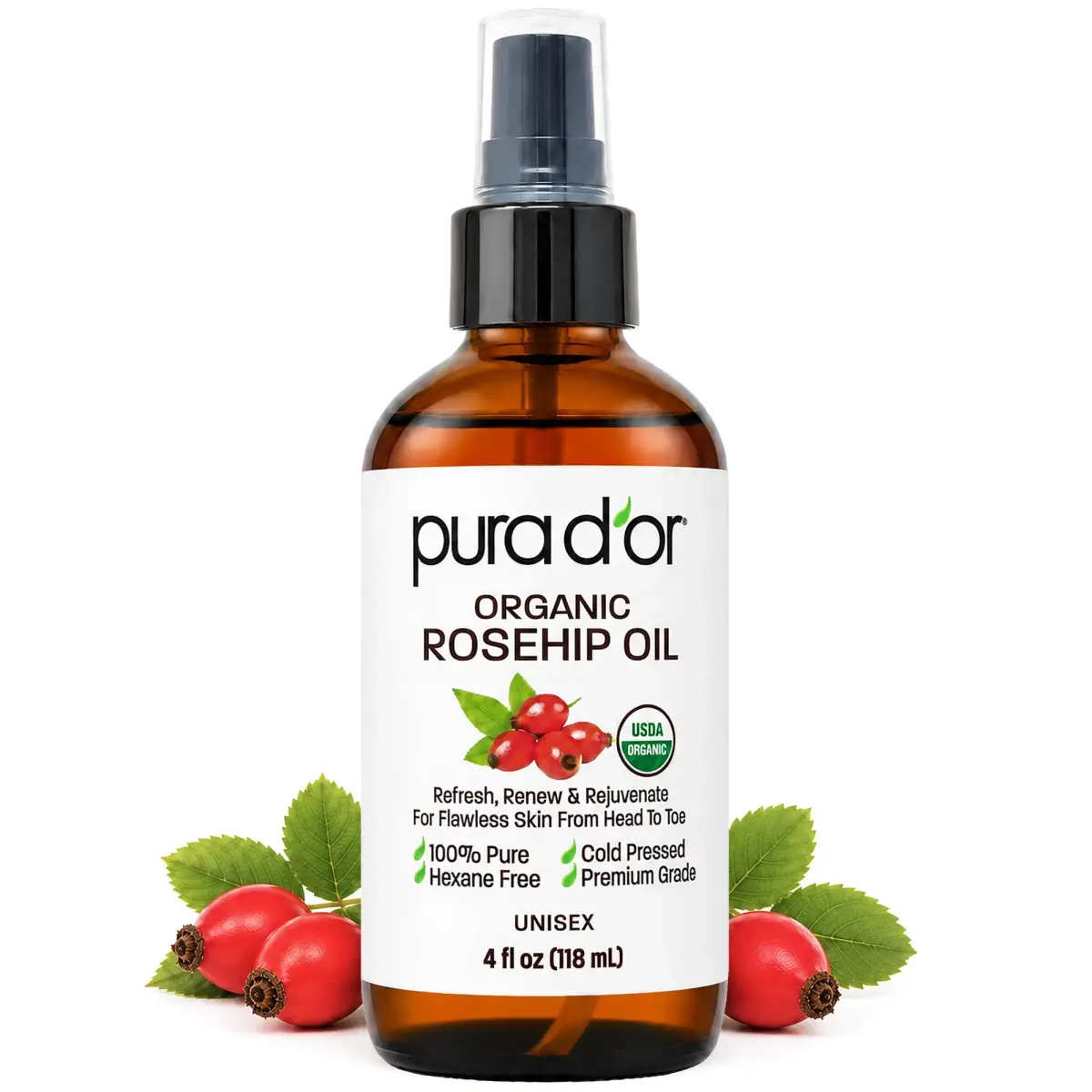 PURA D'OR Organic Rosehip Seed Oil 4 Fl Oz (118ml) | USDA Certified Pure Cold Pressed for Hair, Skin, Scalp - main product image