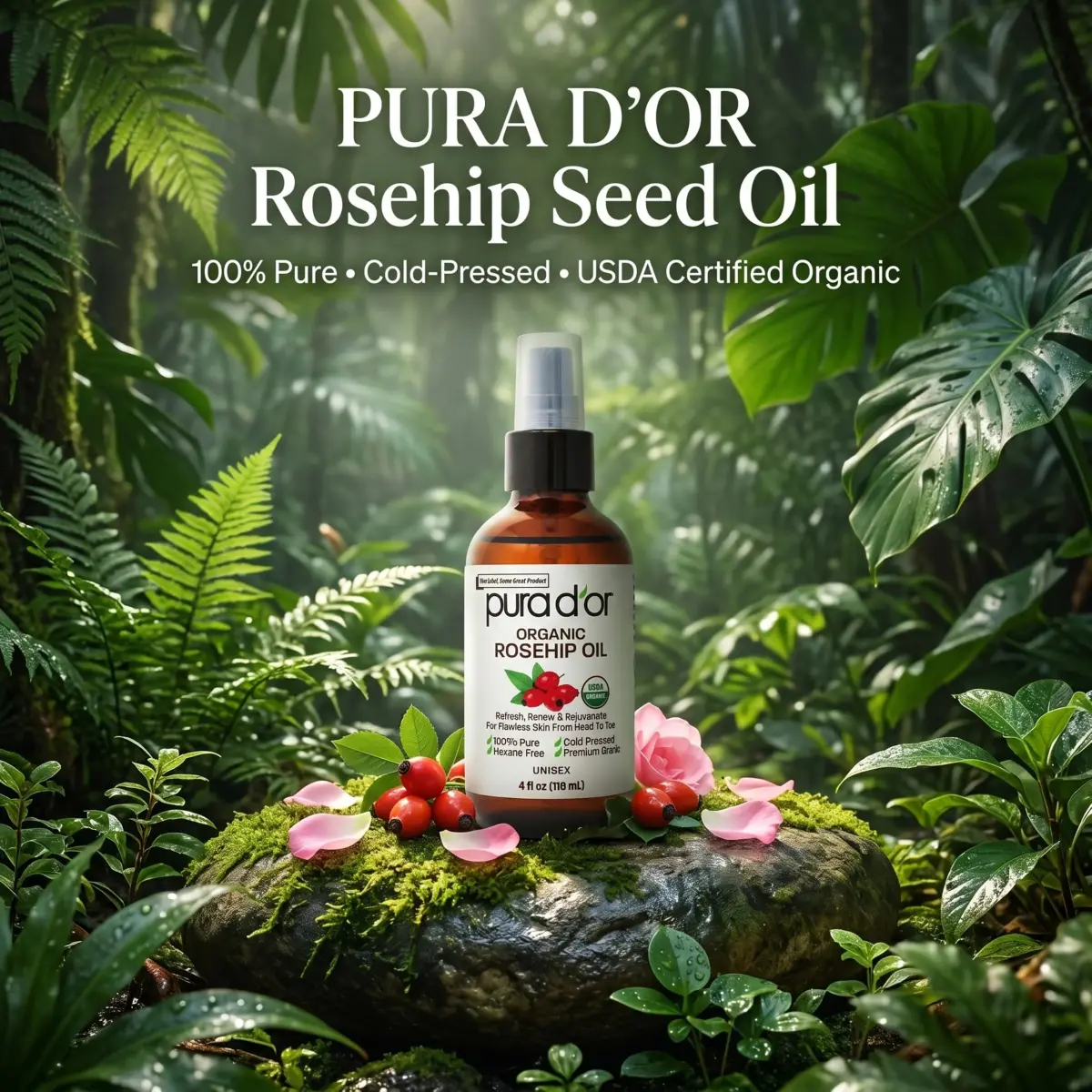 PURA D'OR Organic Rosehip Seed Oil 4 Fl Oz (118ml) | USDA Certified Pure Cold Pressed for Hair, Skin, Scalp - view 2