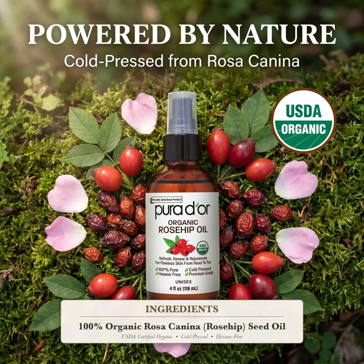 PURA D'OR Organic Rosehip Seed Oil 4 Fl Oz (118ml) | USDA Certified Pure Cold Pressed for Hair, Skin, Scalp - view 3