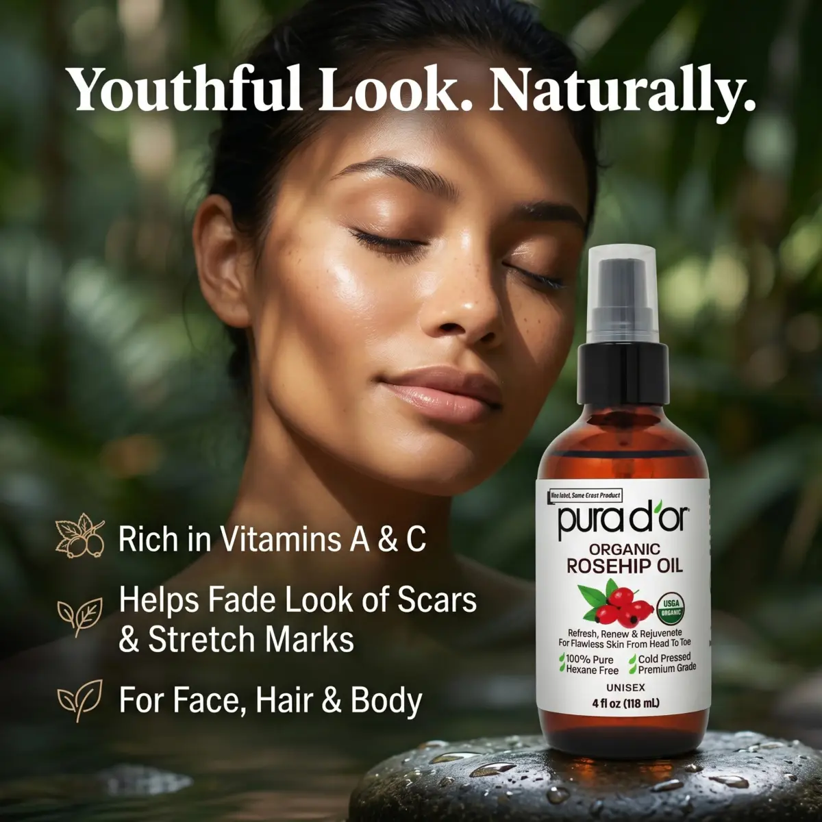PURA D'OR Organic Rosehip Seed Oil 4 Fl Oz (118ml) | USDA Certified Pure Cold Pressed for Hair, Skin, Scalp - view 4