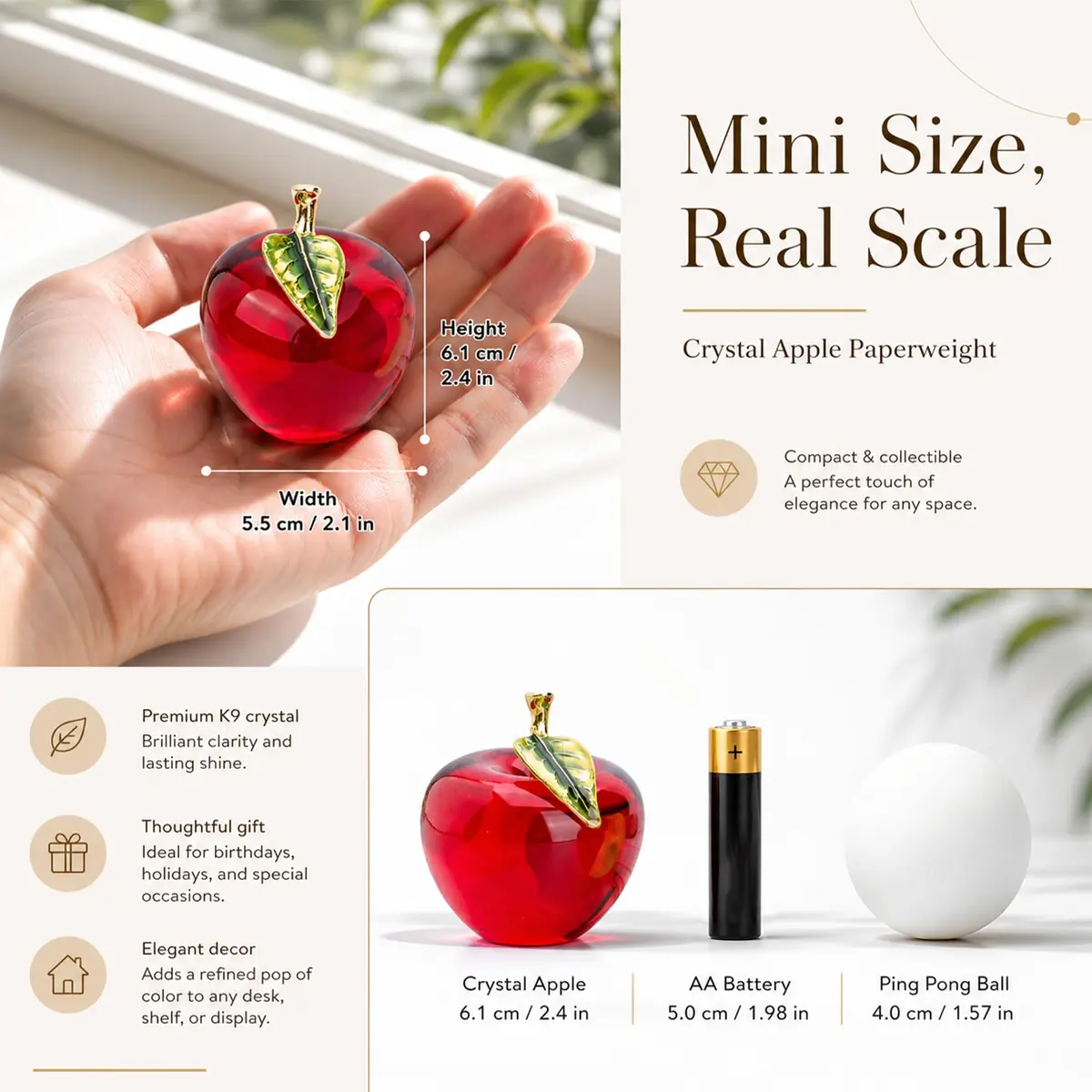 H&D Glaze Crystal Apple Paperweight Craft Decoration 1 Count | Vibrant Red Glass Gift for Celebrations & Office Decor - view 7