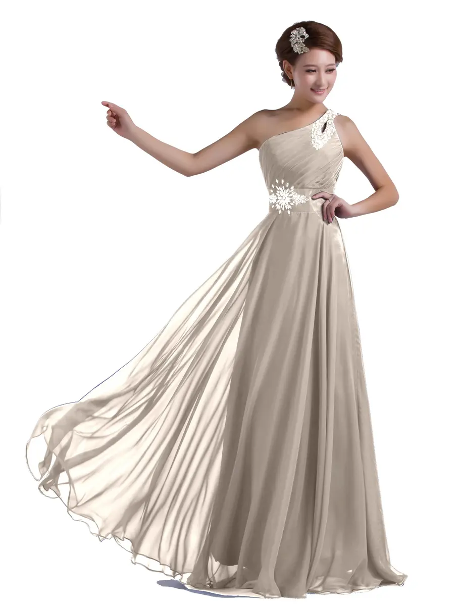 DLFASHION One-Shoulder Floor Length Beaded Chiffon Prom Dress | Light Grey, 16 | Elegant Beaded Silhouette - main product image